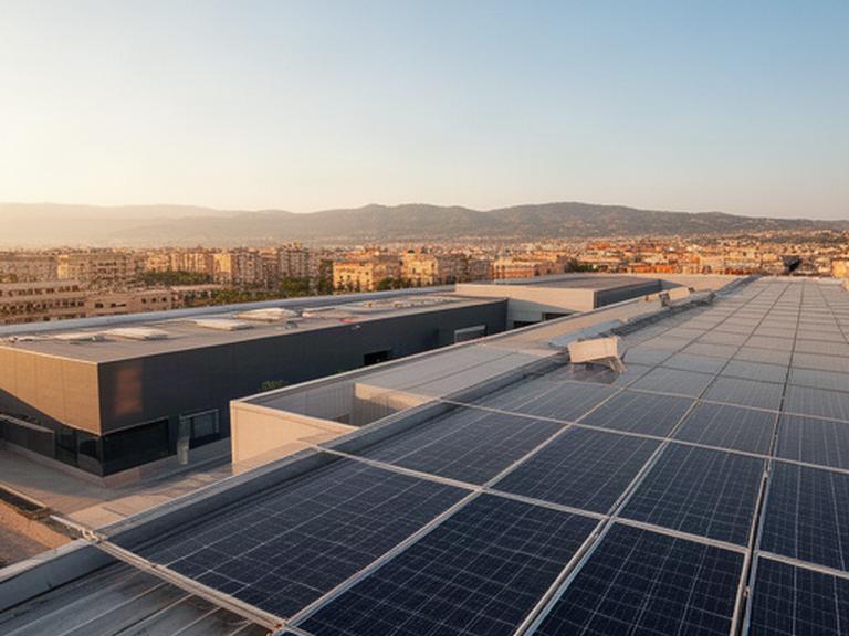 Paneles solares fotovoltaicos resplandecientes sobre la cubierta de una nave industrial en Valencia