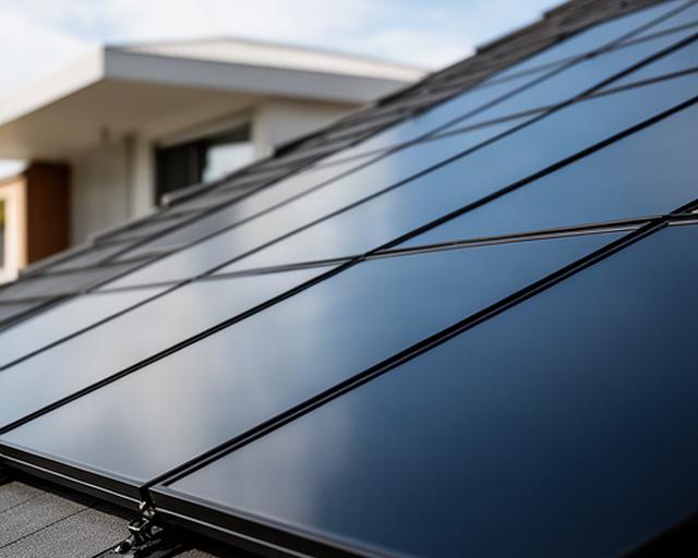 Detalle de paneles solares negros con marco delgado integrados en un tejado inclinado de vivienda