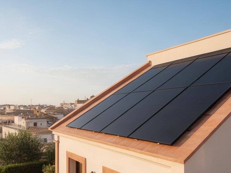 Paneles solares negros de marco delgado instalados sobre el tejado de una vivienda luminosa en Alboraia, Valencia