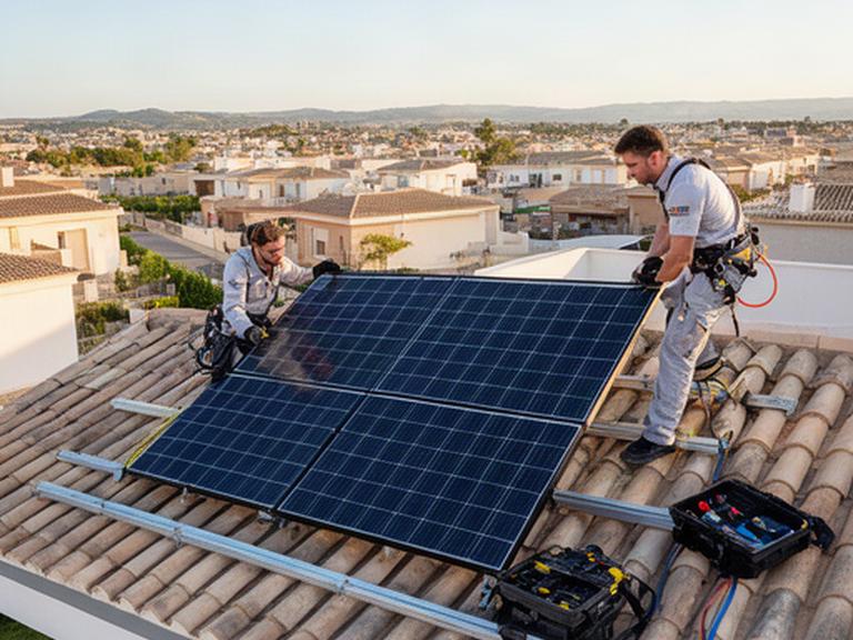 Técnicos instalando paneles solares fotovoltaicos sobre el tejado de una vivienda en Valencia