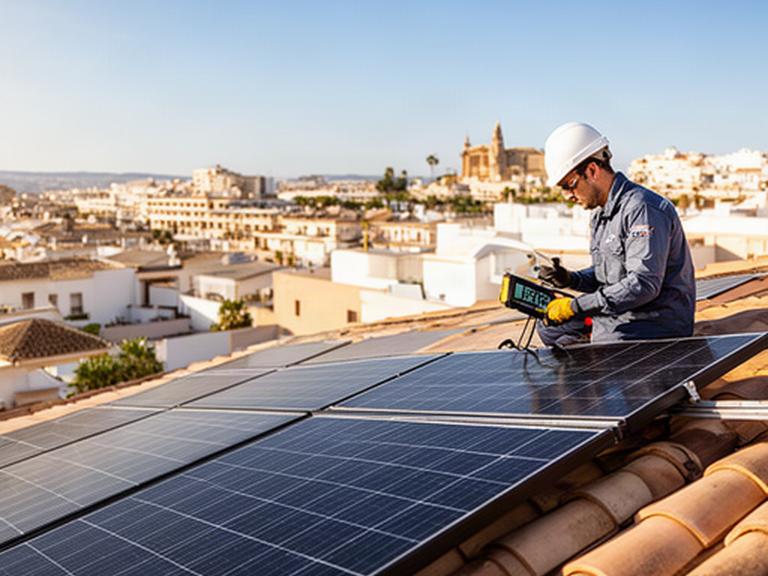 Técnico revisando paneles solares fotovoltaicos sobre un tejado de una vivienda en Valencia