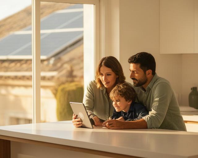 Familia revisando el consumo eléctrico de su vivienda con una instalación solar residencial activa